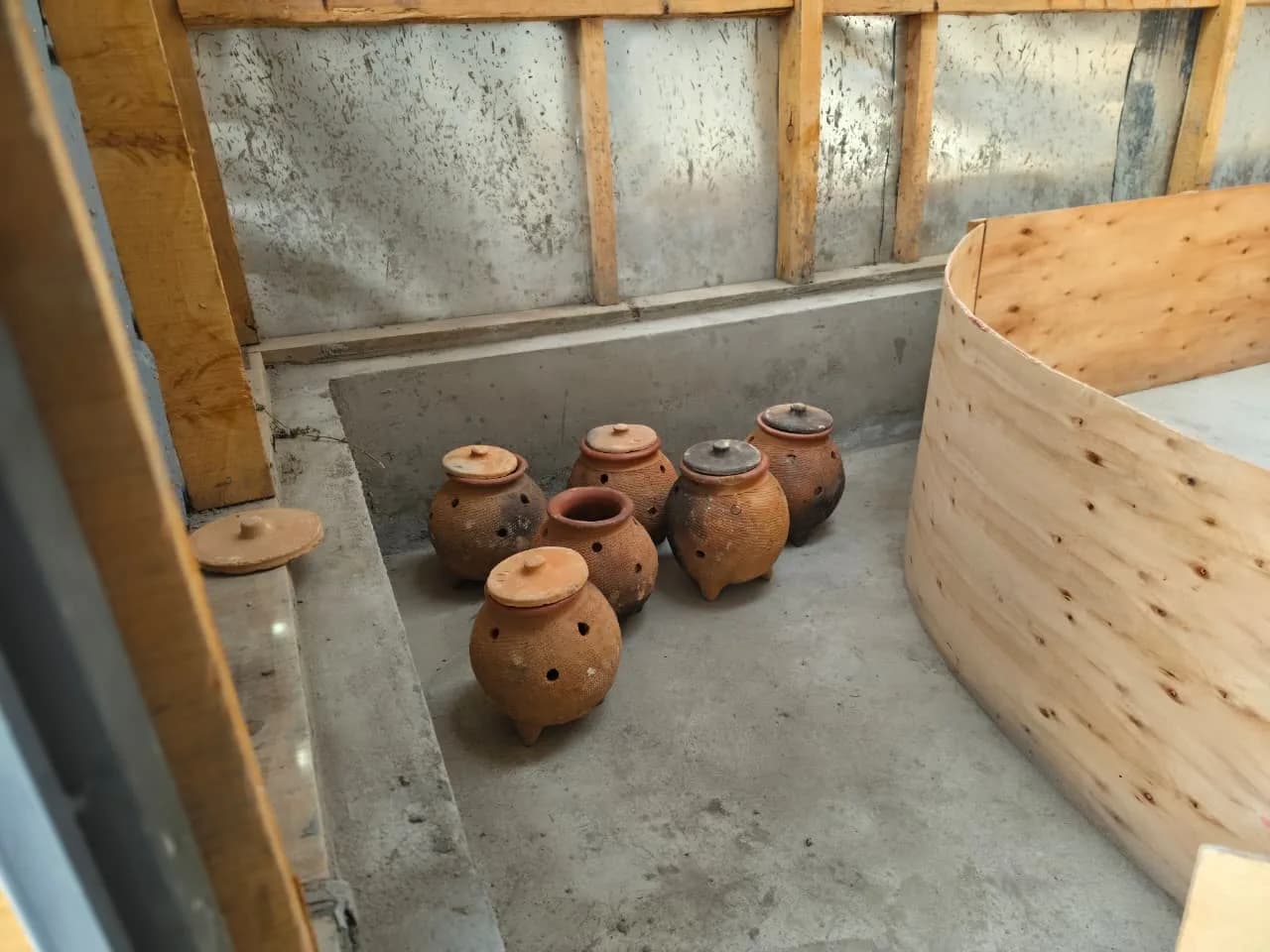 Clay pots set inside the new fish tank shell